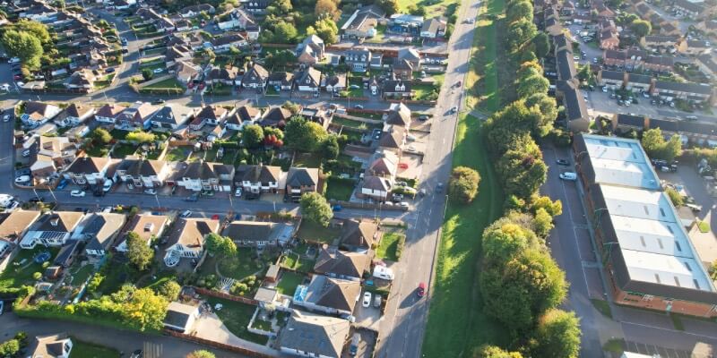 Aerial view of Luton with houses and trees shown